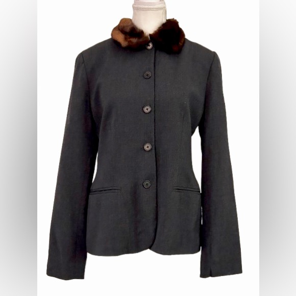 Vintage Wool Ralph Lauren Faux Fur Collar Blazer Dark Gray Jacket Designer 6 SM - Picture 1 of 14